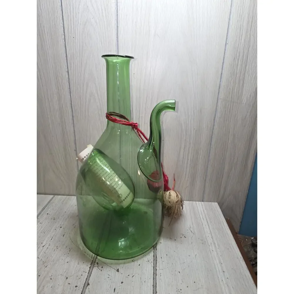 Vintage Hand Blown Italian Green Glass Wine Decanter With Ice Chamber New